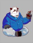  2019 anthro black_body black_fur bottomwear clothing fur giant_panda hoodie humanoid_hands kamui_shirow male mammal overweight overweight_male pants sitting solo topwear ursid white_body white_fur 