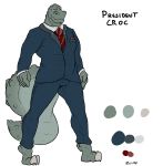  absurd_res anthro black_eyes bulge clothing crocodile crocodilian crocodylid elektr0 grey_body grey_skin hi_res long_tail male president_croc reptile scalie simple_background solo suit thick_tail white_background 