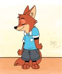  2019 2d_animation aar0njay animated anthro barefoot black_nose bottomwear brown_body brown_fur canid canine cheek_tuft clothing crossover cub dancing disney eyes_closed facial_tuft fox fur head_tuft inner_ear_fluff low_res mammal nick_wilde parody peanuts_(comic) red_fox shirt shorts simple_background smile solo topwear tuft young zootopia 