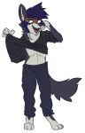  anthro bottomwear brown_eyes canid canine canis clothed clothing clothing_lift fangs flirting hair hi_res invalid_tag jeans male mammal open_mouth pants pecs purple_hair shirt shirt_lift sinamuna solo terry_(kd142000) topwear wolf 
