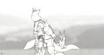  2016 4_fingers ambiguous_gender anthro armorine bag big_tail biped black_and_white blurred_background bottomwear canid canine canis claws clothed clothing collar digital_drawing_(artwork) digital_media_(artwork) dragon ear_piercing eyes_closed fangs fingers fluffy fluffy_tail fox fur group horn hug line_art loincloth looking_at_another looking_up male mammal monochrome neck_tuft open_mouth outside piercing scales scalie side_view signature sketch standing teeth text topwear tuft wolf 