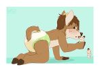  2019 5_fingers absurd_res anthro black_nose blush bodily_fluids brown_body brown_eyes brown_fur cervid cub diaper embarrassed fingers freckles fur furgonomics genital_fluids hi_res kneeling looking_back male mammal playing puptaire solo toy urine wet_diaper wetting young 