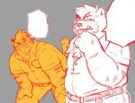  2019 anthro bottomwear clothing duo felid humanoid_hands kamui_shirow male mammal overweight overweight_male pantherine pants shirt simple_background tiger topwear ursid 