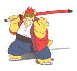  2017 anthro blush bowser clothing cosplay hi_res humanoid_hands kamui_shirow koopa kumatetsu mario_bros melee_weapon nintendo one_eye_closed overweight scalie shirt simple_background sword the_boy_and_the_beast topwear video_games weapon white_background wink 