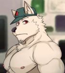  617foreverwithy animated anthro black_nose canid canine chest_tuft chin_tuft facial_tuft fur fur_tuft furgonomics male mammal muscular muscular_male nipples pecs red_eyes solo tuft 