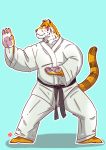 2018 anthro blue_background blush clothed clothing felid hi_res humanoid_hands kamui_shirow male mammal pantherine simple_background solo tiger 