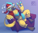  2019 anthro balls blue_eyes candy candy_cane christmas claws clothing erection felid feline food fur hat headgear headwear holidays legendary_pok&eacute;mon looking_at_viewer magnum_amplitude mammal nintendo penis pok&eacute;mon pok&eacute;mon_(species) santa_hat simple_background smile solo thesecretcave video_games yellow_body yellow_fur zeraora 