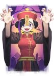  1girl absurdres black_hair chinese_clothes claw_pose double_bun fangs hair_bun highres jiangshi long_sleeves multicolored multicolored_hair open_mouth original purple_eyes purple_hair purple_nails signature solo talisman tombstone tongue tostantan 