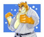  2018 anthro belly clothed clothing felid humanoid_hands kamui_shirow male mammal overweight overweight_male pantherine pink_nose solo tiger 