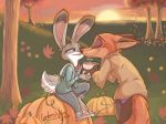  2018 anthro autumn bottomwear buckteeth canid canine clothed clothing dipstick_ears disney duo eyes_closed food fox fruit fully_clothed fur grass grey_body grey_fur hi_res holding_cup holding_object inner_ear_fluff jacket judy_hopps lagomorph leaf leporid mammal multicolored_ears nick_wilde open_mouth open_smile orange_body orange_fur outside pants plant pumpkin purple_eyes rabbit red_fox sky smile sunset teeth topwear tree tuft white_body white_fur xx-junglebeatz-xx zootopia 