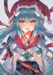  1girl aqua_hair aqua_kimono bangs bell blurry blush bow breasts commentary_request dragon_horns eyebrows_visible_through_hair fate_(series) fire fur-trimmed_gloves fur_trim gloves grey_background hair_ornament hat heart highres hinot horns japanese_clothes jingle_bell kimono kiyohime_(fate/grand_order) large_breasts long_hair looking_at_viewer multiple_horns obi open_mouth ribbon santa_gloves santa_hat sash sidelocks simple_background slit_pupils snow striped striped_bow striped_ribbon upper_body wide_sleeves yellow_eyes 