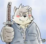  2017 anthro blush bodily_fluids canid canine canis clothing cute_fangs domestic_dog kamui_shirow male mammal melee_weapon moritaka overweight overweight_male scar shirt solo sweat sword tokyo_afterschool_summoners topwear video_games weapon 