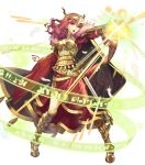  1girl alternate_costume armor armored_boots belt boots breasts cape celica_(fire_emblem) cleavage earrings fire_emblem fire_emblem_echoes:_shadows_of_valentia fire_emblem_heroes full_body fur_trim hairband highres jewelry long_hair magic magic_circle official_art open_mouth red_eyes red_hair shield solo sword teeth transparent_background umiu_geso weapon 