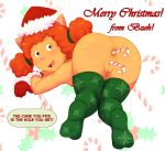  2019 4_fingers all_fours anthro anus arthur_(series) ass_up black_eyes butt bzeh candy candy_cane christmas clothing cub dialogue domestic_cat english_text felid feline felis female fingers food footwear fur gloves green_clothing green_footwear hair handwear hat headgear headwear hi_res holidays improvised_dildo improvised_sex_toy legwear looking_back mammal nipples orange_hair pink_nose presenting presenting_anus presenting_hindquarters presenting_pussy pussy red_clothing red_headwear red_nipples santa_hat solo speech_bubble stockings sue_ellen_armstrong tan_body tan_fur text young 