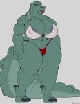  abs absurd_res anthro areola areola_slip big_breasts breasts cleavage clothed clothing croclady crocodile crocodilian crocodylid elektr0 female hi_res huge_breasts muscular muscular_female nipple_outline reptile scalie thick_thighs 