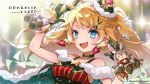  1girl artist_request black_gloves blonde_hair blue_eyes bracelet cape choker christmas commentary copyright_name dragalia_lost earrings euden ezelith fang fur_trim gloves hair_ornament holding jewelry long_hair looking_at_viewer official_art ornament renelle sleeveless smile snowflake_hair_ornament solo star star_hair_ornament upper_body watermark 