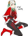 1girl bell black_gloves black_legwear body_writing boots capcom_fighting_jam christmas commentary_request dress gloves hairpods highres ingrid merry_christmas pantyhose red_dress red_eyes santa_boots santa_costume skirt skirt_lift solo tetsu_(kimuchi) translation_request white_hair 