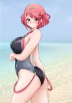  1girl ass backless_swimsuit bangs beach black_swimsuit blue_sky blurry blurry_background blush breast_hold breasts clear_sky closed_mouth commentary cowboy_shot depth_of_field from_side headpiece homura_(xenoblade_2) large_breasts looking_at_viewer ocean one-piece_swimsuit red_eyes red_hair short_hair sky smile solo standing swept_bangs swimsuit tiara twitter_username xenoblade_(series) xenoblade_2 yts_takana 