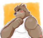  2018 absurd_res anthro blush brown_body brown_fur clothing cute_fangs fur hi_res kamui_shirow male mammal overweight overweight_male shirt solo topwear ursid 