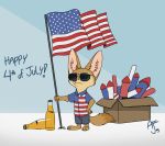  2019 aar0njay anthro barefoot beer_bottle bottomwear box canid canine clothed clothing disney english_text eyewear fennec finnick fireworks flag fox fully_clothed fur hand_on_hip hi_res inner_ear_fluff mammal shirt shorts simple_background solo standing sunglasses tan_body tan_fur text topwear tuft zootopia 