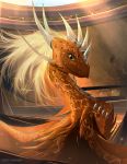  2019 detailed_background digital_media_(artwork) dragon hair hi_res orange_body orange_scales scales telleryspyro white_hair yellow_eyes 