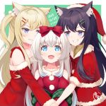  3girls animal_ear_fluff animal_ears bangs bare_shoulders black_hair blonde_hair blue_eyes blush bow capelet cat_ears collarbone dated eyebrows_visible_through_hair fur_trim hair_bow hair_ornament hairclip hat looking_at_another looking_up multiple_girls one_side_up open_mouth original red_bow santa_costume santa_hat shoulder_cutout silver_hair yatsuki_yura 