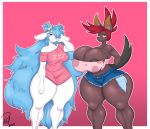  absurd_res anthro areola areola_slip big_breasts bovid breasts canid canine canis caprine cleavage clothed clothing domestic_dog duo female fluff_(vammzu) hi_res huge_breasts mammal pepper_(vammzu) redmoon83 thick_thighs 