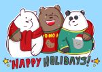  2017 anthro black_body black_fur blue_background brown_body brown_fur cartoon_network christmas clothing fur giant_panda grizzly_(wbb) group holidays hug ice_bear kamui_shirow mammal one_eye_closed panda_(wbb) polar_bear scarf simple_background sweater text topwear ursid ursine we_bare_bears white_body white_fur wink 