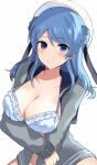  1girl blue_bra blue_eyes blue_hair blush bra breasts cleavage closed_mouth collarbone double_bun grey_jacket hat highres jacket kantai_collection large_breasts long_hair long_sleeves looking_at_viewer open_clothes open_jacket senbei_(senbe_i) simple_background smile solo underwear upper_body urakaze_(kantai_collection) white_background white_headwear 