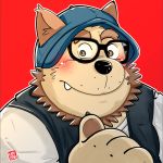  2018 anthro black_nose blush canid canine canis clothing cute_fangs domestic_dog eyewear glasses hat headgear headwear humanoid_hands kamui_shirow mammal overweight portrait red_background simple_background solo 