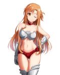  1girl ;) acso asuna_(sao) bangs bare_arms bare_shoulders braid breasts brown_eyes brown_hair check_commentary cleavage collarbone commentary_request eyebrows_visible_through_hair gauntlets highres large_breasts long_hair looking_at_viewer navel one_eye_closed simple_background smile solo sword_art_online white_background 