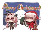  1boy 1girl alternate_legwear ammunition_belt astolfo_(fate) astolfo_(saber)_(fate) black_bow black_gloves black_neckwear black_ribbon bow bowtie braid closed_eyes fate/grand_order fate_(series) florence_nightingale_(fate/grand_order) florence_nightingale_santa_(fate/grand_order) front_slit fur-trimmed_hat fur-trimmed_sleeves fur_trim gloves gun hair_intakes hat juliet_sleeves l.n layered_skirt light_machine_gun long_sleeves low_twintails multicolored_bow multicolored_hair otoko_no_ko pink_hair puffy_sleeves red_headwear ribbon riyo_(lyomsnpmp)_(style) santa_costume santa_hat streaked_hair syringe twintails umbrella_gun wavy_mouth weapon white_hair wing_collar 