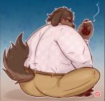  2018 anthro bottomwear brown_body brown_fur butt canid canine canis clothing domestic_dog fur humanoid_hands kamui_shirow male mammal overweight overweight_male pants shirt sitting smoking solo topwear 