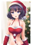  1girl absurdres bangs bare_shoulders blush breasts christmas christmas_tree closed_mouth collarbone elbow_gloves fate/grand_order fate_(series) fur-trimmed_gloves fur_trim gloves hat highres katsushika_hokusai_(fate/grand_order) looking_at_viewer medium_breasts purple_eyes purple_hair red_bikini_top red_gloves red_headwear ripi_ur santa_hat short_hair solo tongue tongue_out 