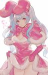  1girl animal_ears blush bow breasts bunny_ears cleavage dress dress_lift elbow_gloves eyebrows_visible_through_hair fur_trim gloves highres miyako_(xxxbibit) original pink_bow pink_dress pink_eyes pink_gloves pink_neckwear silver_hair simple_background solo twintails white_background 