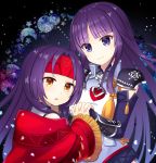  2girls altina blue_eyes closed_mouth fire_emblem fire_emblem:_path_of_radiance fire_emblem:_radiant_dawn fire_emblem_heroes headband highres holding_hands long_hair multiple_girls open_mouth purple_hair red_headband sanaki_kirsch_altina shira_yu_ki smile upper_body yellow_eyes 