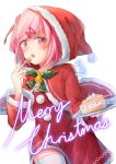  1girl absurdres blush cake christmas commentary doki_doki_literature_club english_commentary eyebrows_visible_through_hair food fork fur-trimmed_hat fur-trimmed_sleeves fur_trim hair_ornament hair_ribbon hairclip hat highres long_sleeves looking_at_viewer merry_christmas natsuki_(doki_doki_literature_club) open_mouth pink_hair plate pom_pom_(clothes) red_eyes red_headwear red_ribbon ribbon santa_dress santa_hat short_hair solo thighhighs tongue twitter_username two_side_up white_legwear wide_sleeves yu_cha 