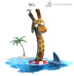  avian bird cryptid-creations fish giraffe giraffid gull island lari larid life_preserver mammal marine palm_tree shark tree 