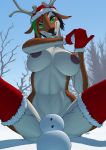  2019 absurd_res ahyoka_(character) anthro antlers areola breasts cervid christmas clothing female gloves green_eyes handwear hat headgear headwear hi_res holidays horn ldr legwear looking_at_viewer mammal mostly_nude nipples outside red_clothing red_handwear red_hat red_headwear red_legwear santa_hat sitting sky smile snow snowball solo spread_legs spreading 