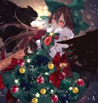  1girl arm_cannon bangs bell bow breath brown_hair christmas_ornaments commentary_request fur_collar green_bow green_skirt hair_between_eyes hair_bow highres layered_skirt long_hair looking_at_viewer red_bow red_eyes reiuji_utsuho shirt short_sleeves signature skirt snowflakes solo star touhou toutenkou weapon white_shirt 