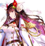  1girl aiguillette azur_lane belt breasts brown_hair cleavage commentary_request curled_horns double-breasted dress epaulettes expressionless flower fuji_choko hair_flower hair_ornament highres jacket_on_shoulders long_hair looking_at_viewer medium_breasts military military_uniform purple_eyes sheath sheathed signature solo suruga_(azur_lane) sword tree_branch uniform upper_body weapon white_background white_coat white_dress 