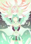  2girls angel_wings arms_around_neck bare_shoulders blue_hair blurry blurry_background cape commentary_request cowboy_shot detached_sleeves dot_nose eyelashes feathered_wings feathers gloves gradient gradient_background hair_between_eyes hair_ribbon half-closed_eyes happy highres hug hug_from_behind kaname_madoka legs_apart light_particles long_hair looking_at_another looking_up mahou_shoujo_madoka_magica miki_sayaka multiple_girls no_nose outstretched_arms pink_hair pleated_skirt ribbon shaded_face shiny shiny_hair short_hair sidelocks simple_background skirt smile sparkle sparkle_background standing strapless sword two_side_up ultimate_madoka weapon white_gloves white_legwear white_ribbon wings yellow_eyes yooki_(winter_cakes) 