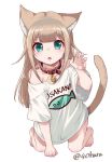  1girl 40hara all_fours animal_ear_fluff animal_ears aqua_eyes bangs barefoot blonde_hair blunt_bangs blush cat_ears cat_tail claw_pose clothes_writing collar commentary_request eyebrows_visible_through_hair fang green_eyes kinako long_hair looking_at_viewer open_mouth original pet_collar red_collar shirt solo t-shirt tail twitter_username white_background white_shirt 