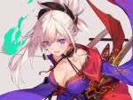  1girl adapted_costume breasts cleavage fate/grand_order fate_(series) grey_background hair_ornament large_breasts long_sleeves magatama miyamoto_musashi_(fate/grand_order) open_mouth pink_hair purple_eyes simple_background solo sword tousaki_umiko weapon 