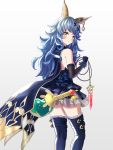  1girl animal_ears backless_outfit bare_shoulders blue_cape blue_dress blue_hair blue_legwear blush boots cape commentary_request curly_hair dress elbow_gloves erune feather-trimmed_gloves ferry_(granblue_fantasy) from_behind gloves granblue_fantasy hair_ornament hairclip highres hikachuu6 holding_whip jewelry layered_dress long_hair looking_at_viewer looking_back pleated_dress simple_background single_earring smile solo thigh_boots thighhighs x_hair_ornament yellow_eyes 