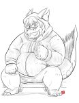  2019 anthro belly clothing dragon hi_res hoodie humanoid_hands kamui_shirow male overweight overweight_male sitting solo topwear 
