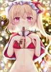  1girl arms_up blonde_hair blurry blurry_background blush bokeh bottomless bra breasts capelet christmas cleavage commentary_request depth_of_field eyebrows_visible_through_hair flandre_scarlet fur-trimmed_capelet fur_trim glint hair_between_eyes hands_on_own_chest hat hat_ribbon highres looking_at_viewer mob_cap mouth_hold navel nibosisuzu out-of-frame_censoring red_bra red_eyes ribbon ribbon_in_mouth short_hair side_ponytail small_breasts solo standing striped striped_neckwear tareme touhou underboob underwear upper_body white_headwear wings 