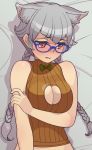  1girl animal_ear_fluff animal_ears arm_grab bangs bed_sheet blue-framed_eyewear blush braid brown_shirt cleavage_cutout from_above frown glasses grey_hair high_collar long_hair looking_away lying on_back on_bed open_mouth original ranka_(kehotank) red_eyes shirt sleeveless sleeveless_shirt solo soumu_(kehotank) twin_braids twintails 