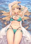  1girl arms_up bangs bikini blonde_hair blue_eyes blush bow breasts elf eyebrows_visible_through_hair hair_bow hair_ornament highres large_breasts long_hair looking_at_viewer loose_bikini lying multi-strapped_bikini navel o-ring off_shoulder on_back open_clothes pak_ce pointy_ears princess_connect! princess_connect!_re:dive sasaki_saren solo stomach swimsuit thighs wet wet_clothes 