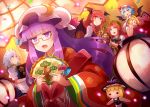  &gt;_&lt; 6+girls 60mai :d alternate_costume apron bangs bat_wings beret bespectacled black_bow blonde_hair blue_eyes blue_hair blunt_bangs bow braid character_doll commentary_request confetti crystal demon_wings eyebrows_visible_through_hair fan fang flandre_scarlet folding_fan frilled_apron frills glasses green_headwear hair_bow hat head_wings holding holding_fan hong_meiling izayoi_sakuya japanese_clothes kimono kirisame_marisa koakuma lap_pillow maid maid_apron maid_headdress mob_cap multiple_girls one_side_up open_mouth patchouli_knowledge puffy_short_sleeves puffy_sleeves purple_eyes purple_hair red-framed_eyewear red_eyes red_hair red_kimono red_vest remilia_scarlet shirt short_hair short_sleeves sidelocks silver_hair skin_fang smile star touhou twin_braids upper_body vest waist_apron white_apron white_headwear white_shirt wings 